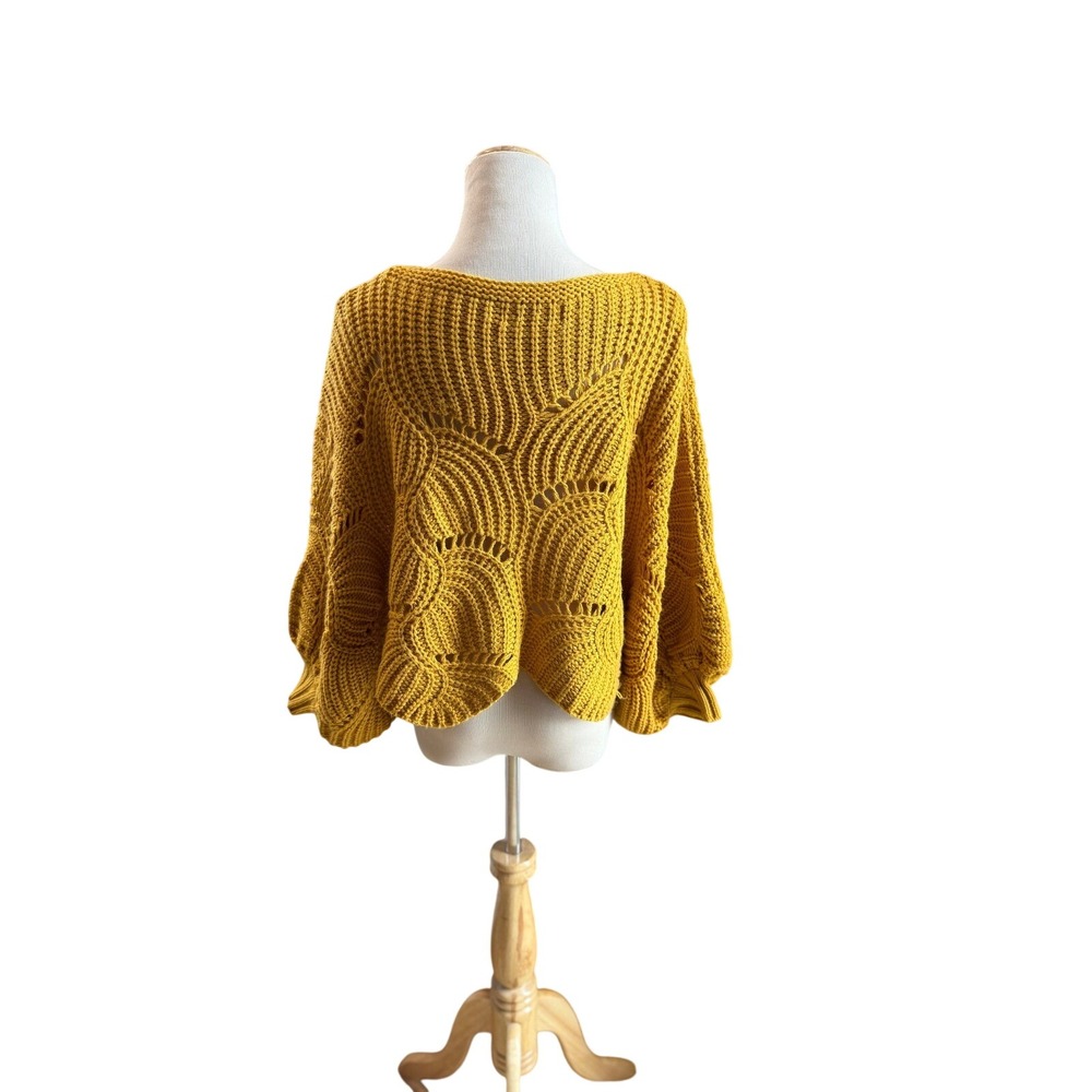 Elodie Mustard Yellow Chunky Knit Open Weave Batwing Sweater Size S‎ - Picture 3 of 9